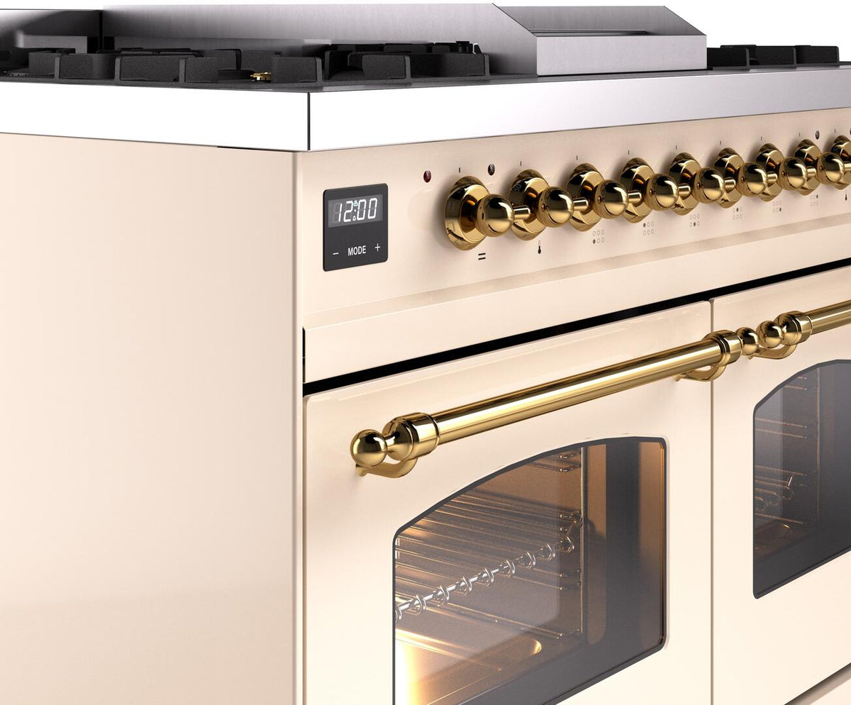Range control panel with brass knobs and long handle, antique white oven doors