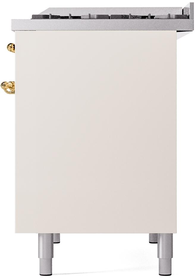 Corner side view of freestanding range in antique white with brass knob and leveling legs