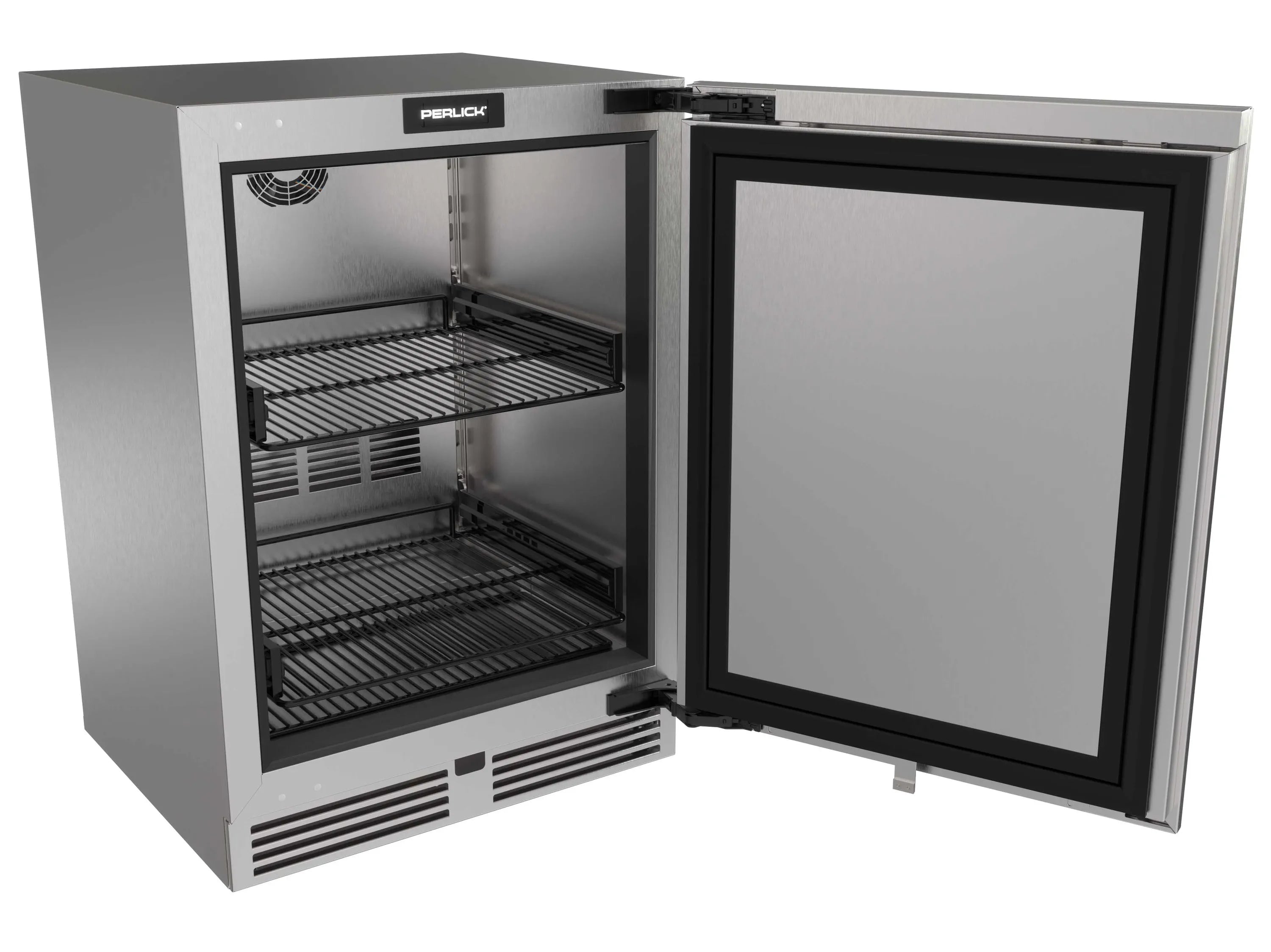 Stainless undercounter refrigerator with open door, wire shelves, and interior light