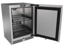 Stainless undercounter refrigerator with open door, wire shelves, and interior light