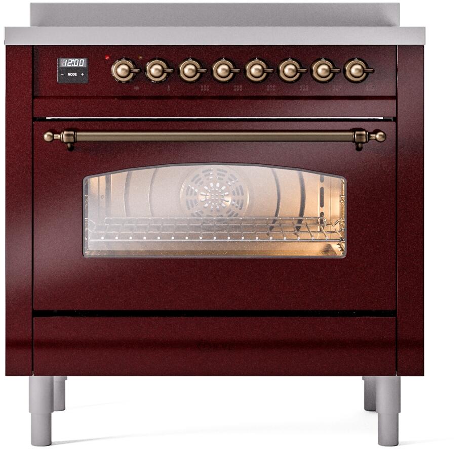 Burgundy electric induction range with bronze control knobs and closed oven door window