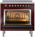 ILVE Nostalgie II 36-Inch Freestanding Electric Induction Range in Burgundy with Bronze Trim (UPI366NMPBUB)