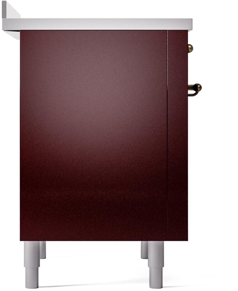 Burgundy electric induction range side panel with white legs and bronze hinge