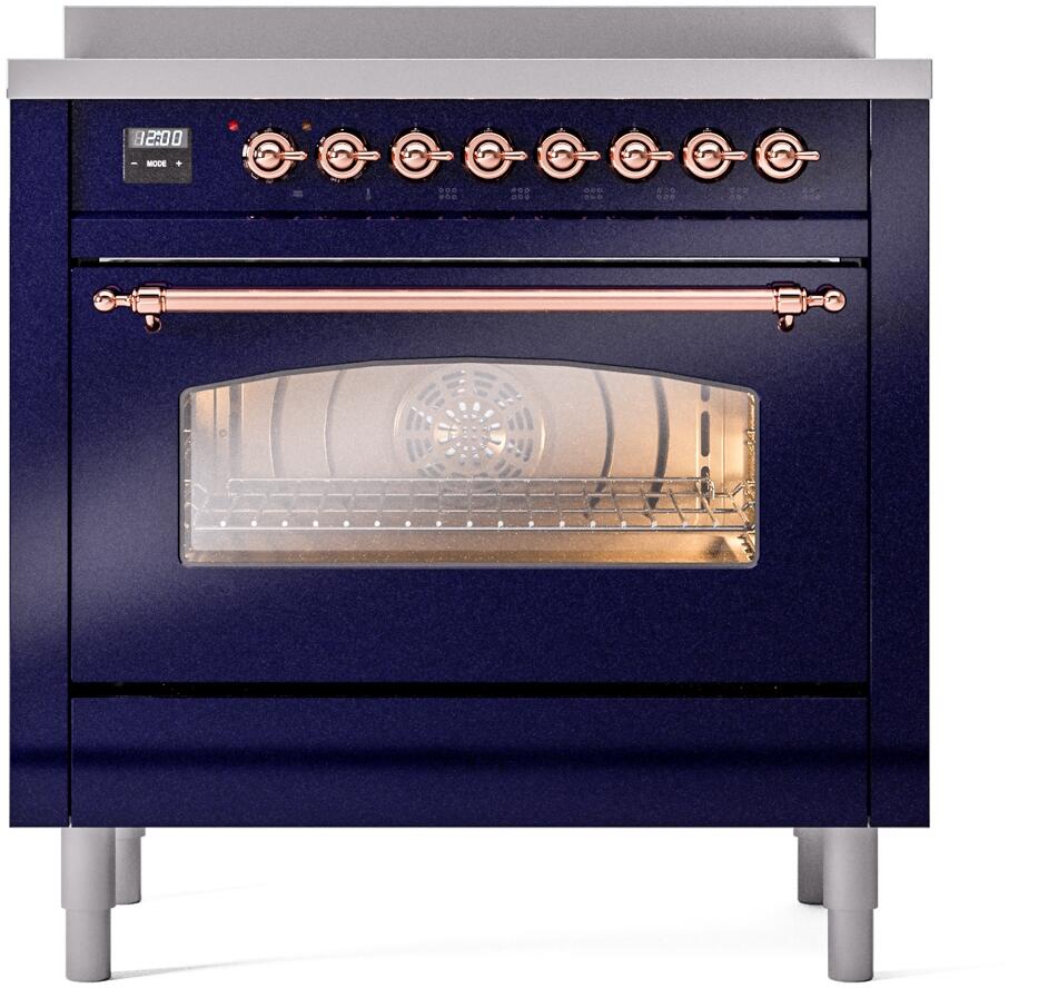 Midnight blue freestanding induction range with glass oven door and copper handle bars
