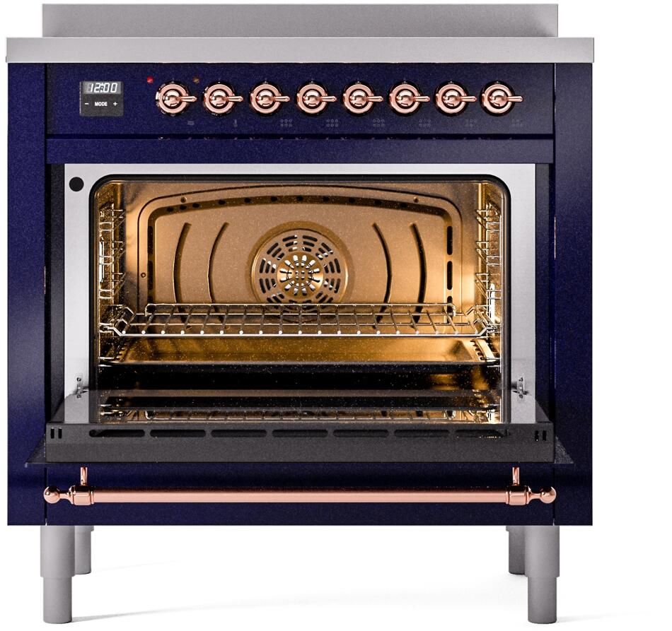 Midnight blue induction range showing lit oven interior with rack and fan