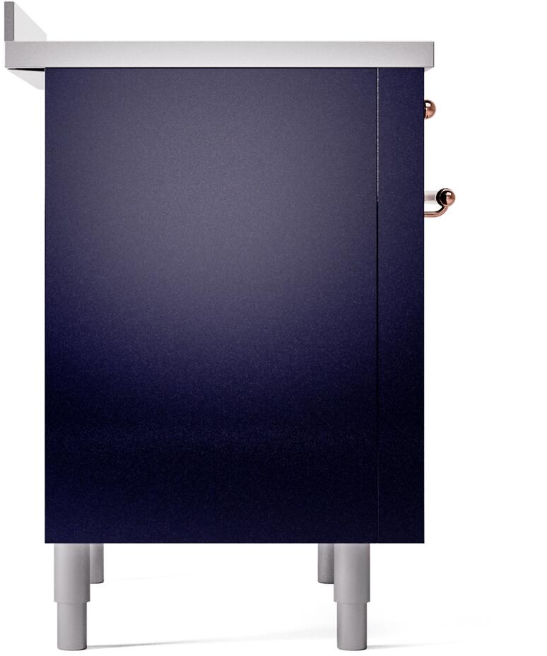 Side view of midnight blue freestanding induction range with silver feet