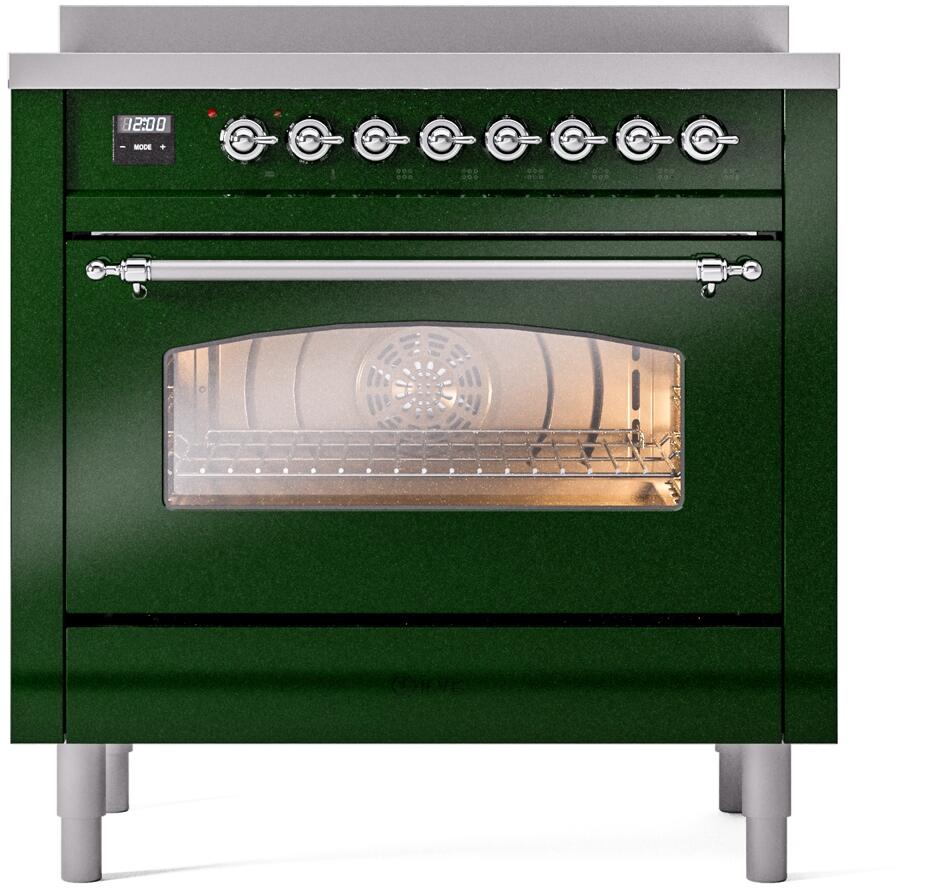 Emerald green freestanding induction range with chrome handle and oven door window