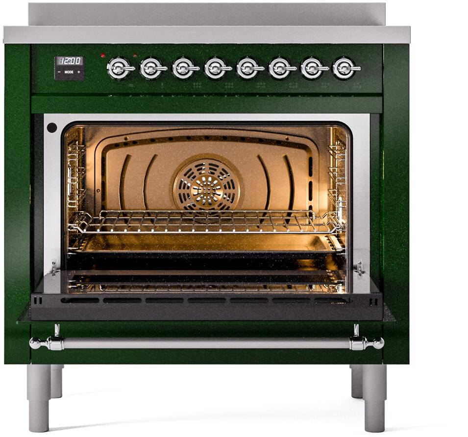 Emerald green induction range with open oven door showing interior racks and fan