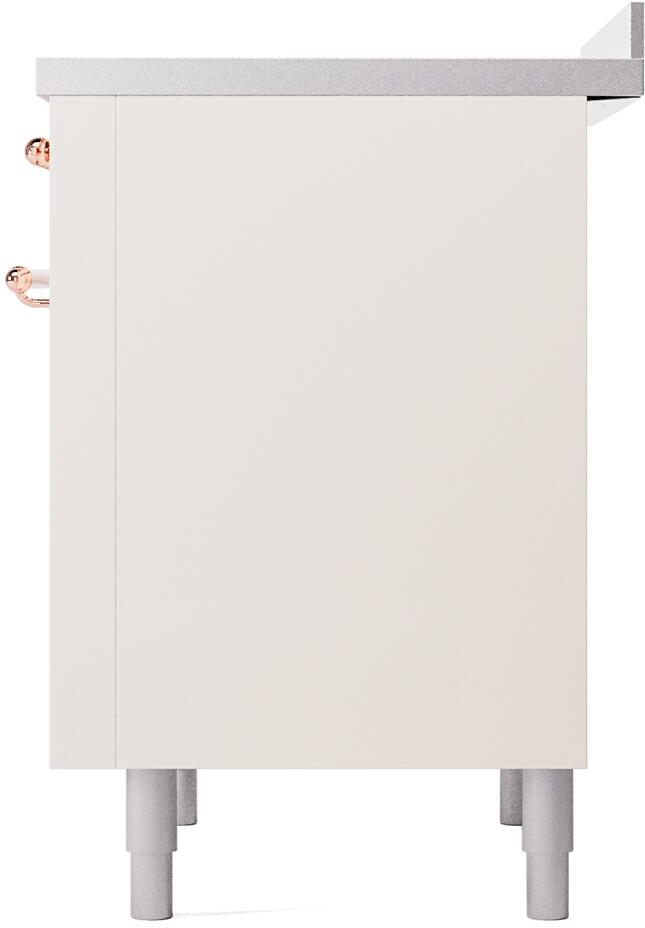 Freestanding induction range side panel in antique white with grey leveling feet