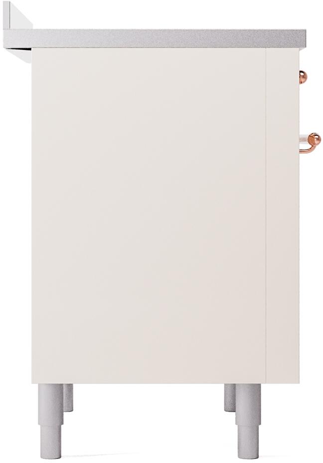 Freestanding induction range corner side panel in antique white with visible copper trim