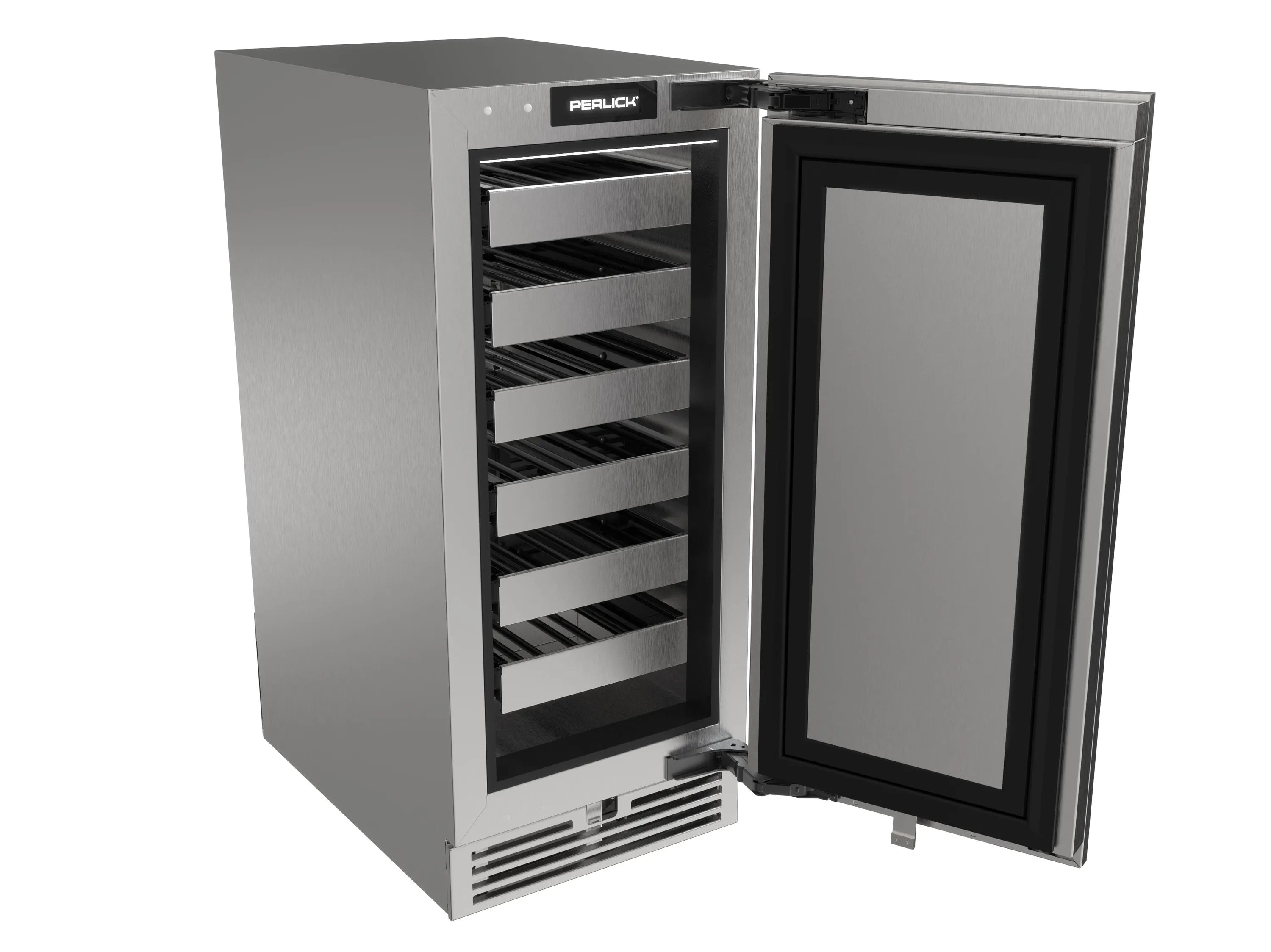 Perlick undercounter wine cooler with open door, stainless cabinet and shelving