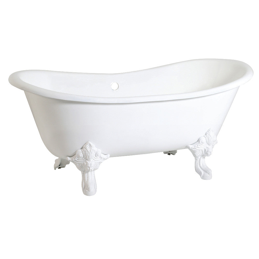 White oval cast iron slipper clawfoot tub, side view with claw feet and drain hole