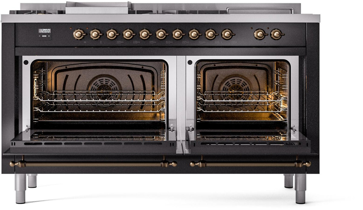 Glossy black range with bronze-trim open ovens showing racks and interior heating elements