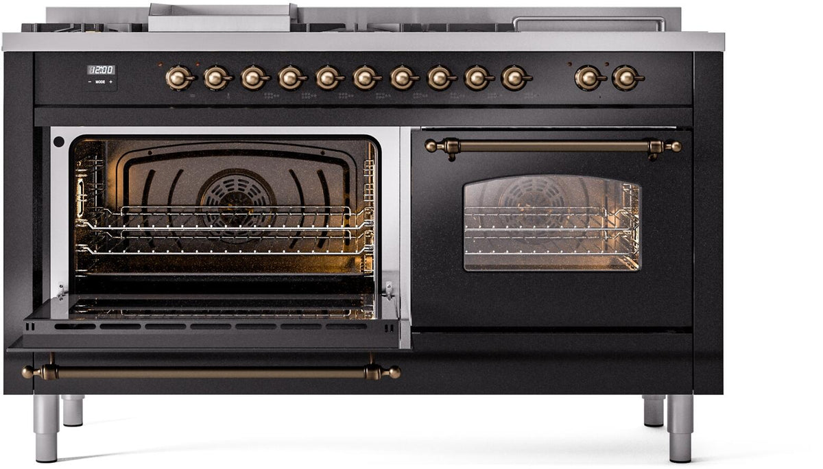 Glossy black range with bronze-trim open ovens and visible rack trays inside