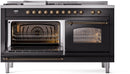 ILVE Nostalgie II 60-Inch Propane Gas Dual Fuel Range with 7 Burners, Griddle, & French Top with Triple Glass Door Oven in Glossy Black with Bronze Trim (UP60FSNMPBKBLP)