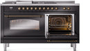 ILVE Nostalgie II 60-Inch Propane Gas Dual Fuel Range with 7 Burners, Griddle, & French Top with Triple Glass Door Oven in Glossy Black with Bronze Trim (UP60FSNMPBKBLP)