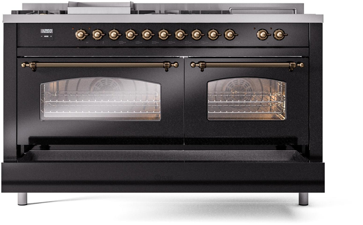 Glossy black range with bronze-trim door windows showing oven racks behind glass