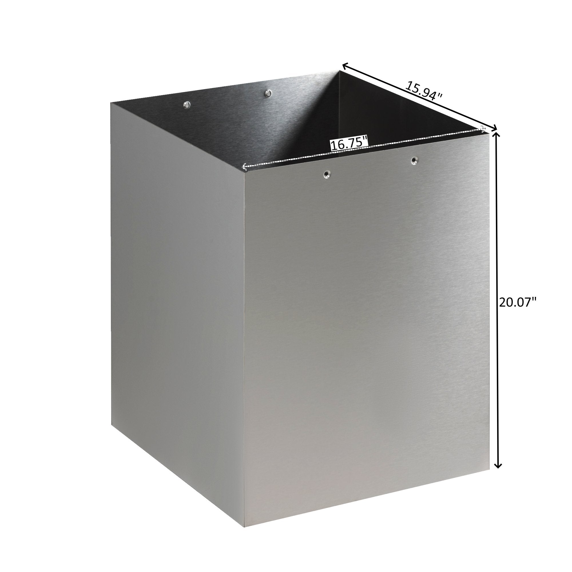 Stainless steel ceiling decorative cover with open interior and angled top edge