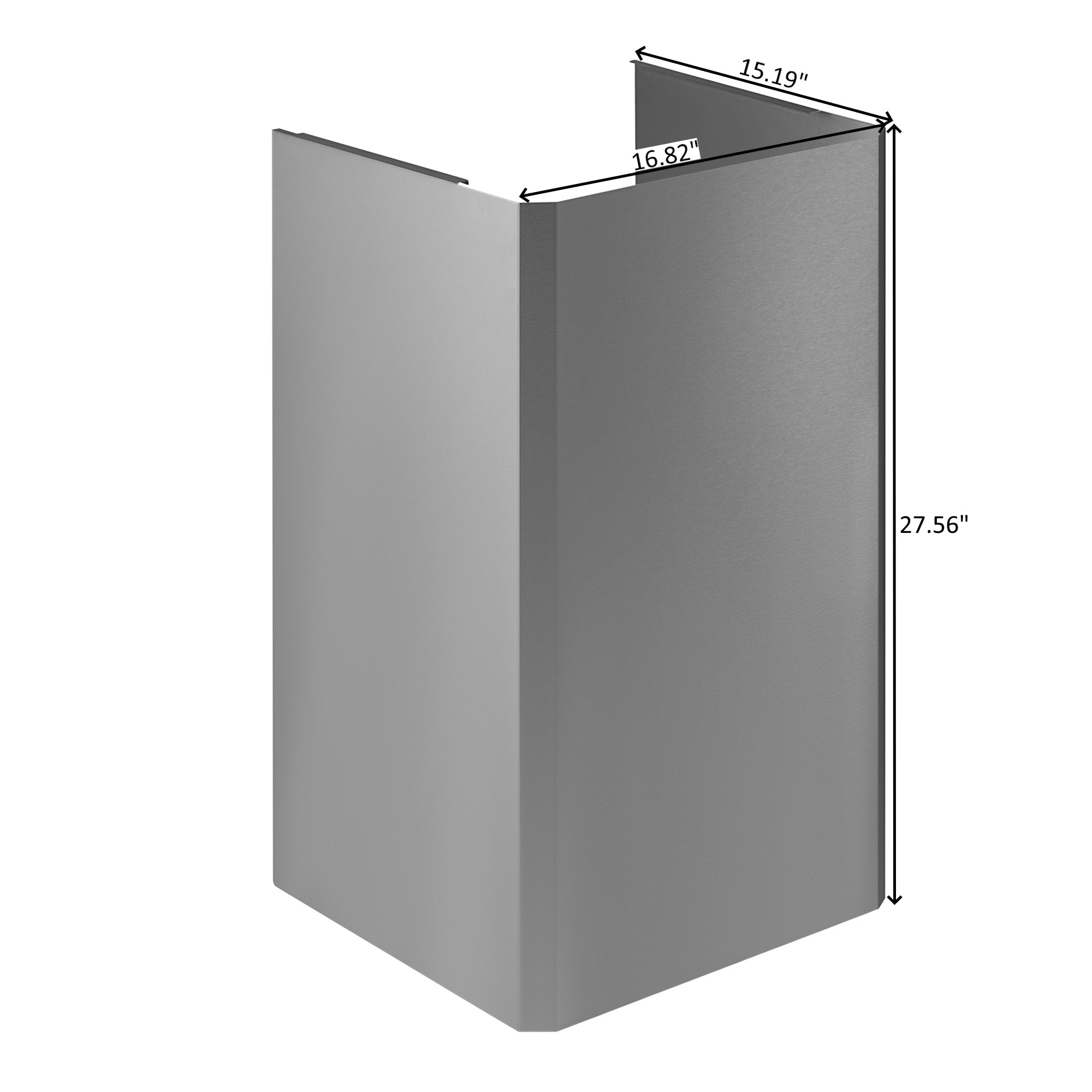 Stainless steel ceiling cover, rectangular chimney-style with top and side angled edges.