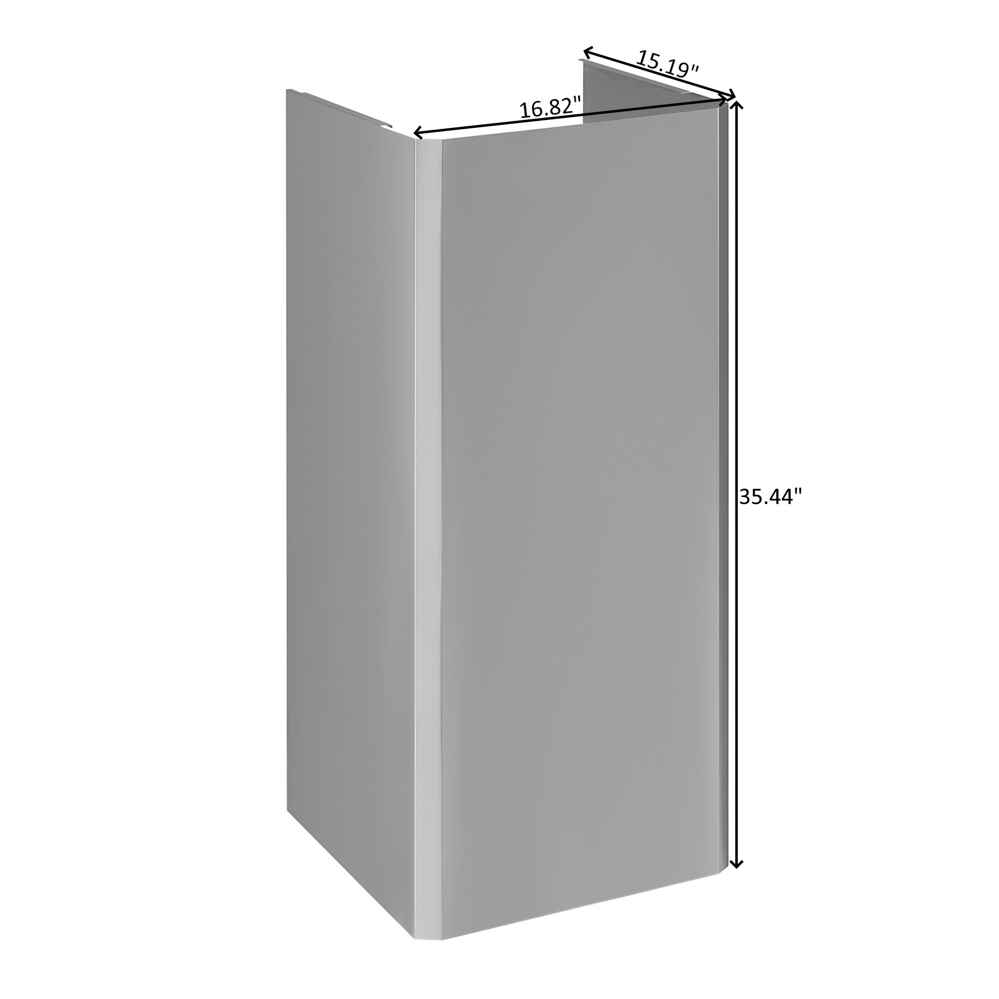 Stainless steel ceiling cover shown with dimension labels, rectangular chimney-style body.
