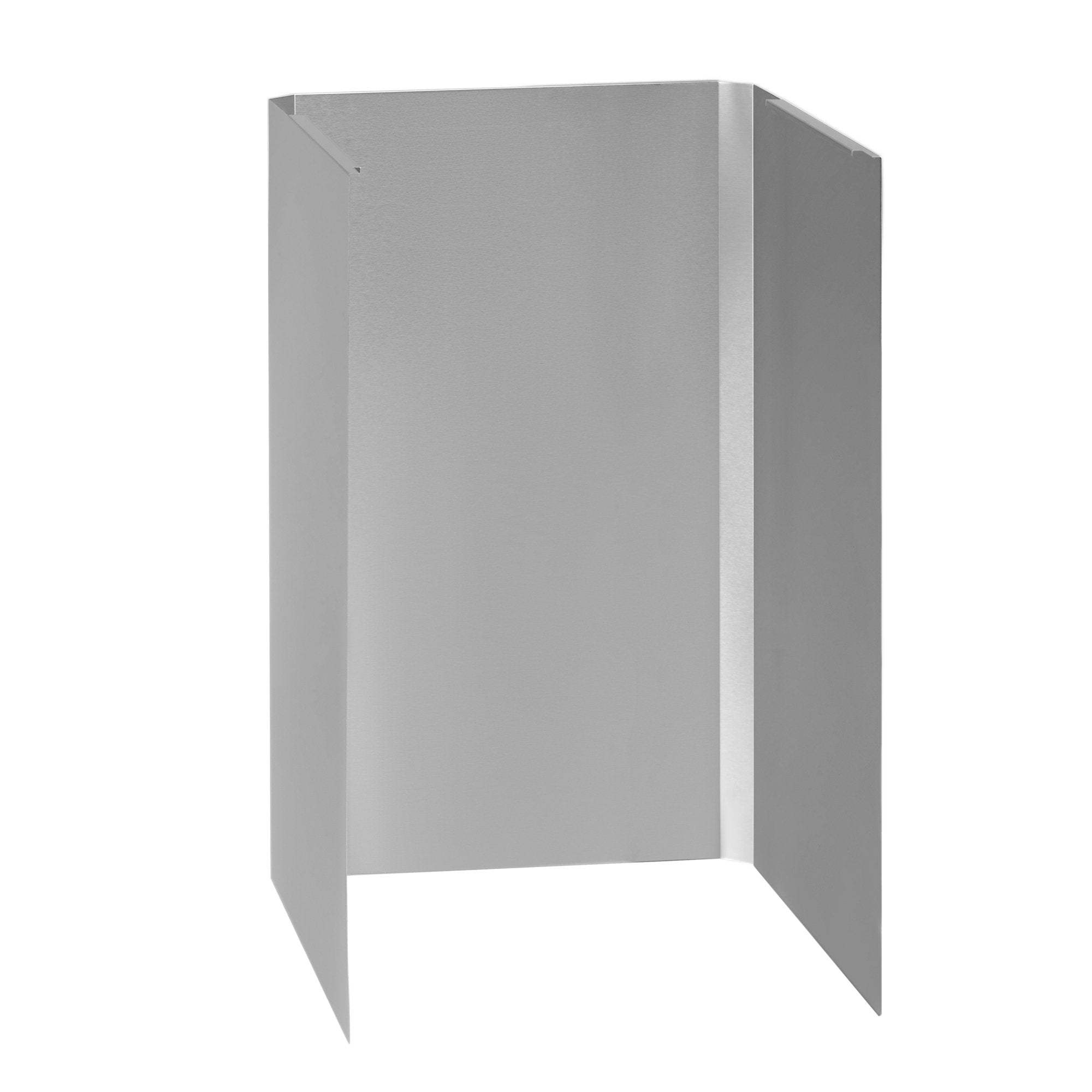 Stainless steel ceiling cover with inward cutout and two flanking side panels.