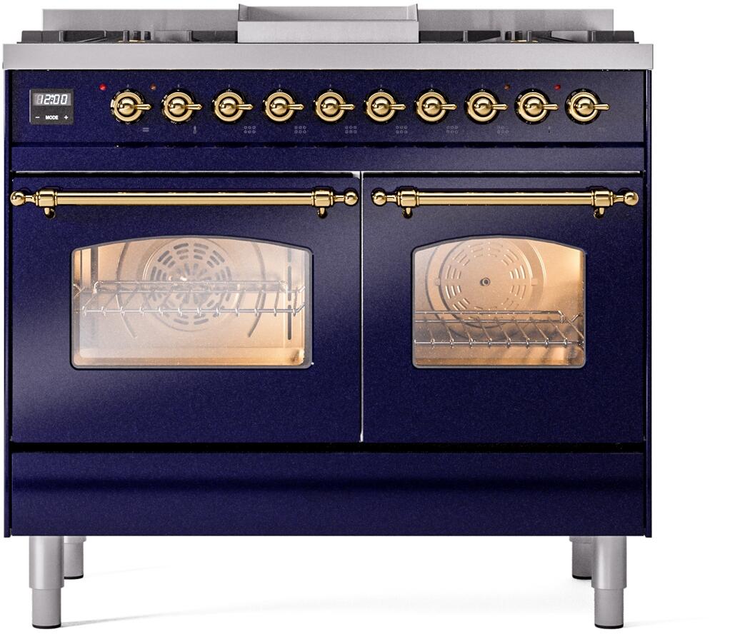 Midnight blue freestanding dual fuel range with brass trim and two oven glass doors