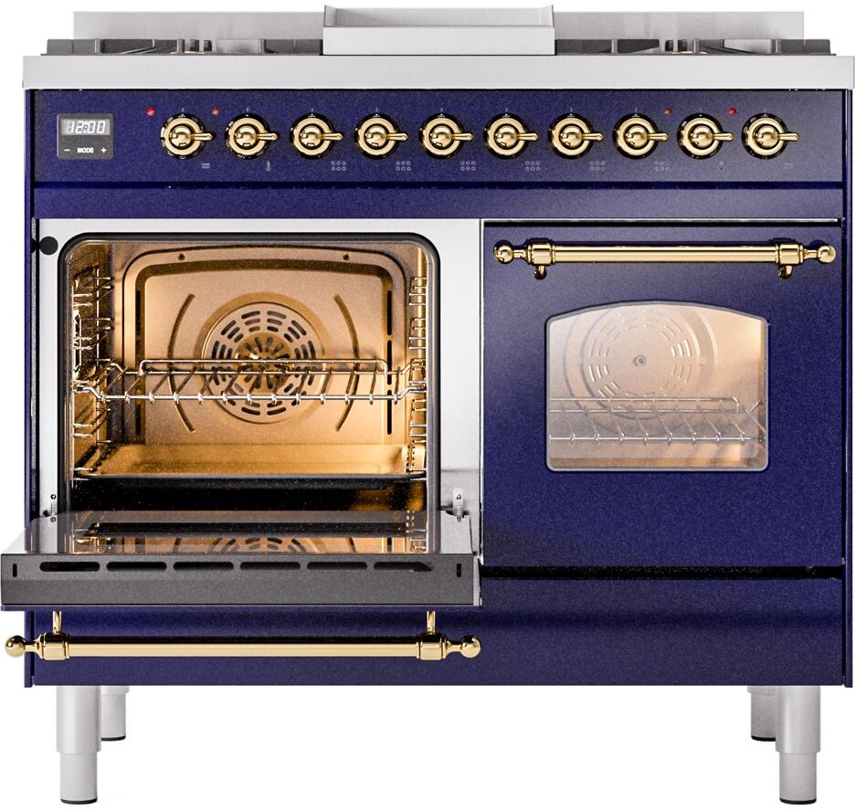 Freestanding dual fuel range with brass trim; left oven open and right oven door closed