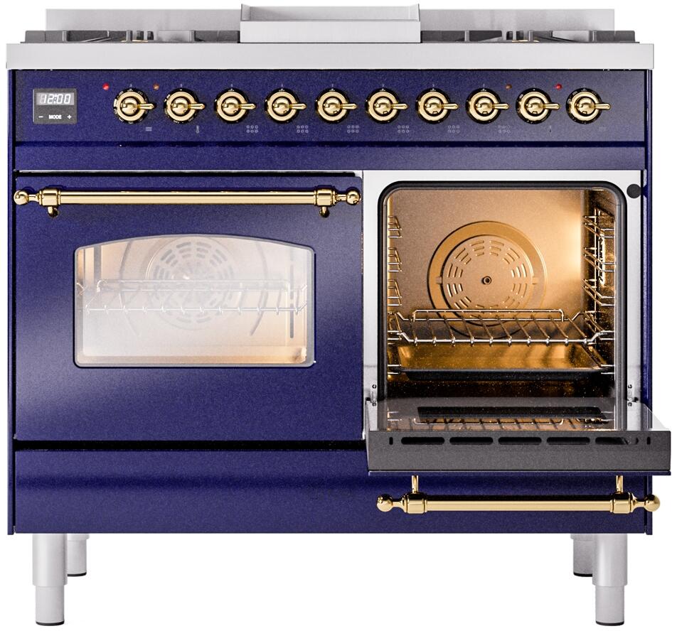Dual fuel freestanding range in midnight blue with brass handle and one oven door open