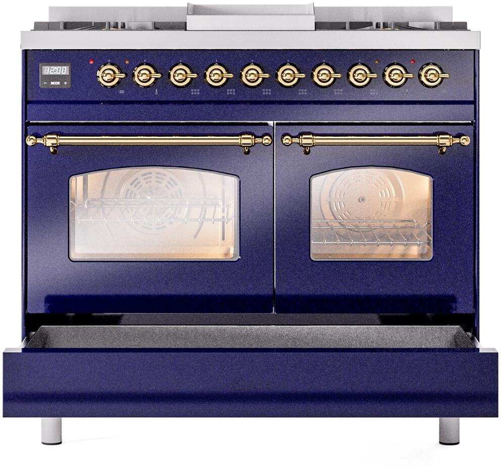 Midnight blue freestanding dual fuel range with brass trim and two closed oven doors