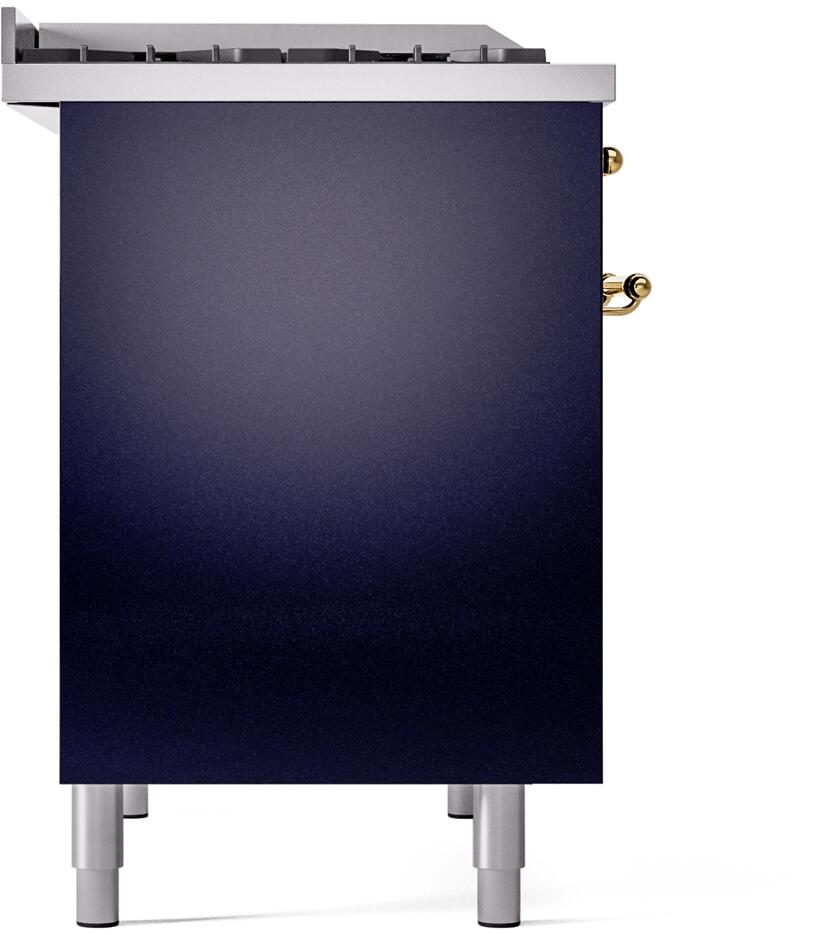 Rear side of midnight blue freestanding range with brass handle hardware and legs
