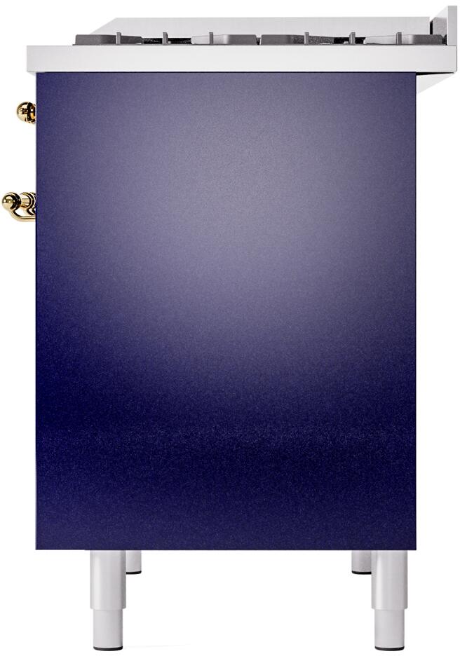 Front-side view of midnight blue freestanding range with brass side handles and legs