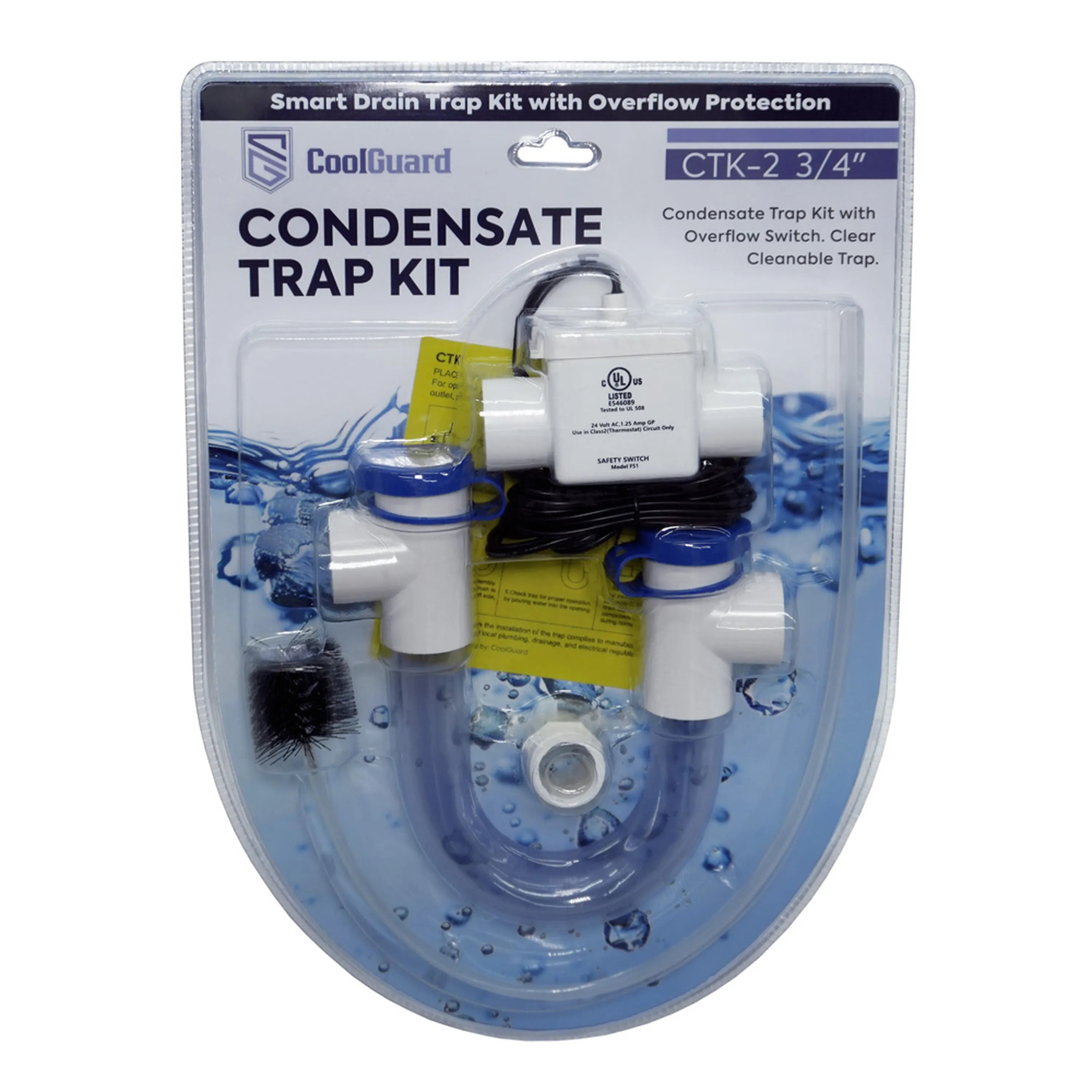 Condensate trap kit with overflow protection, CoolGuard CTK-2 3/4 inch components in box