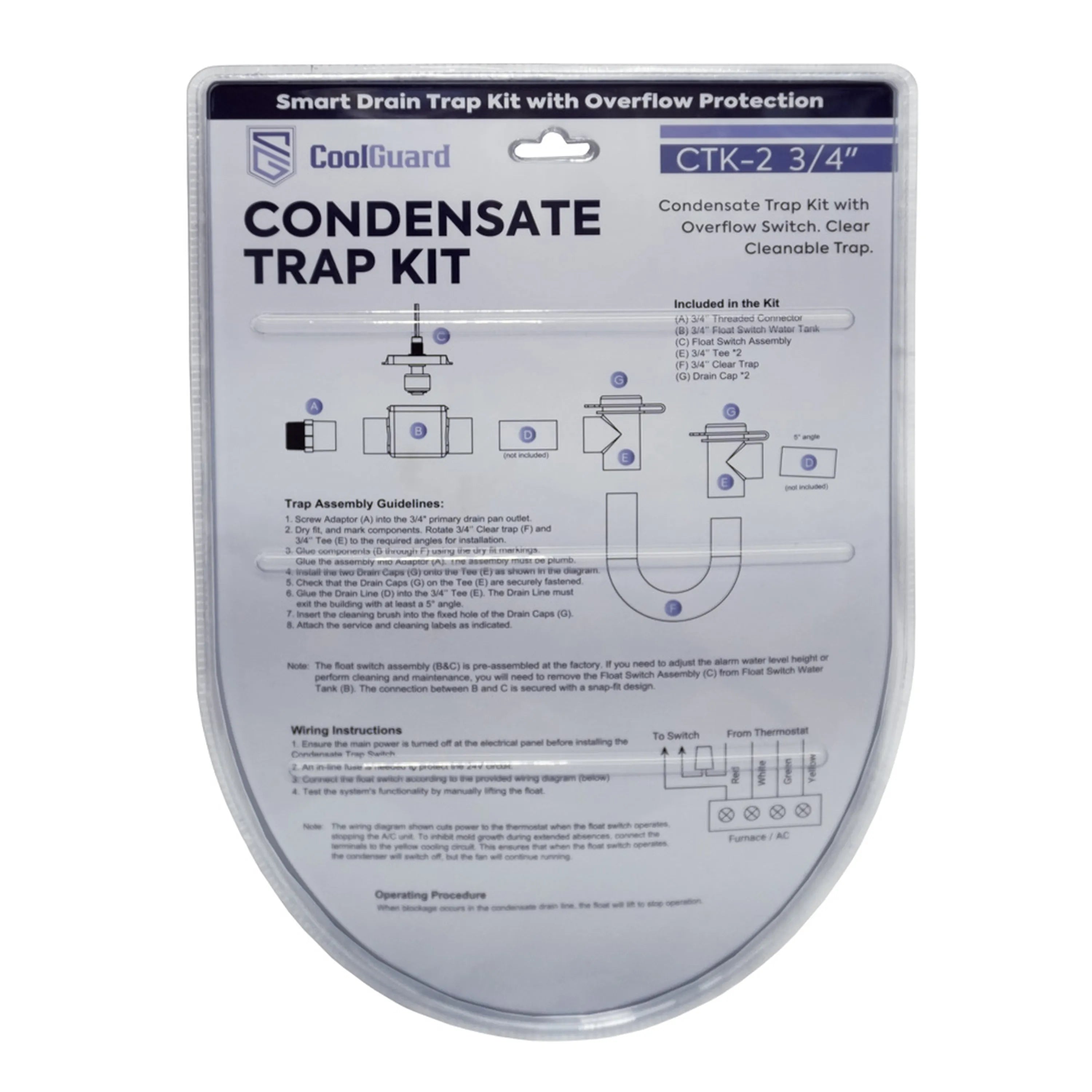 Condensate trap kit CTK-2 back panel with assembly and wiring diagram, CoolGuard