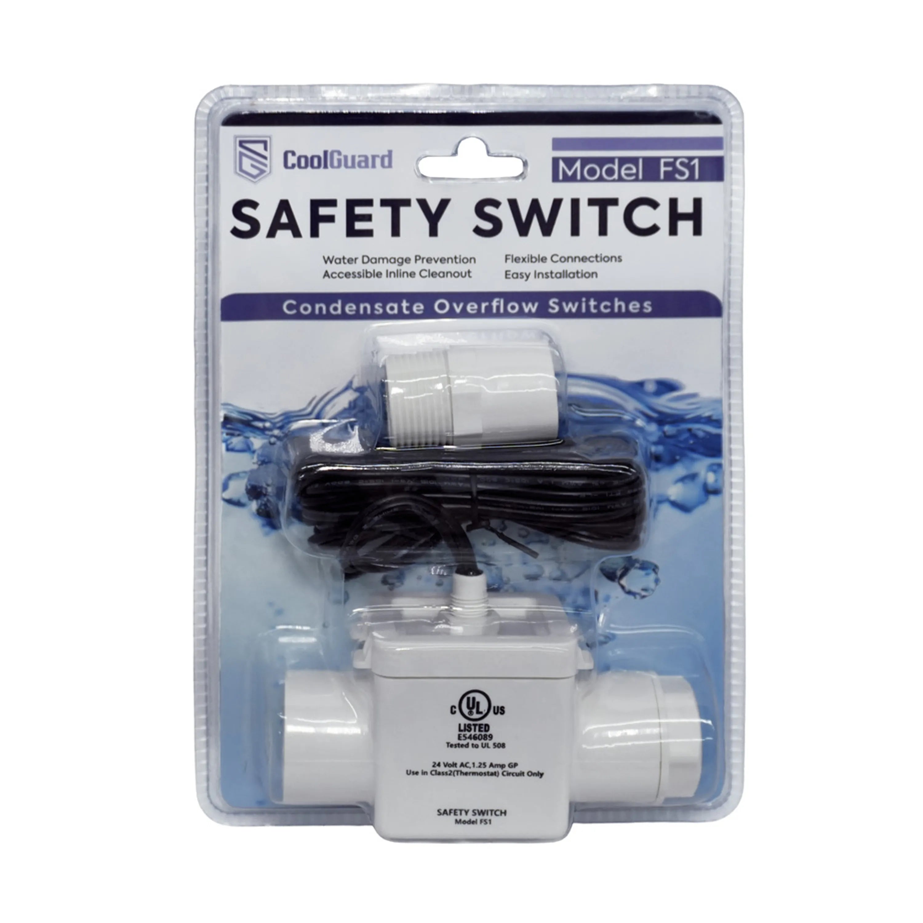 MRCOOL CoolGuard FS1 float safety switch in blister pack, white body, black cable