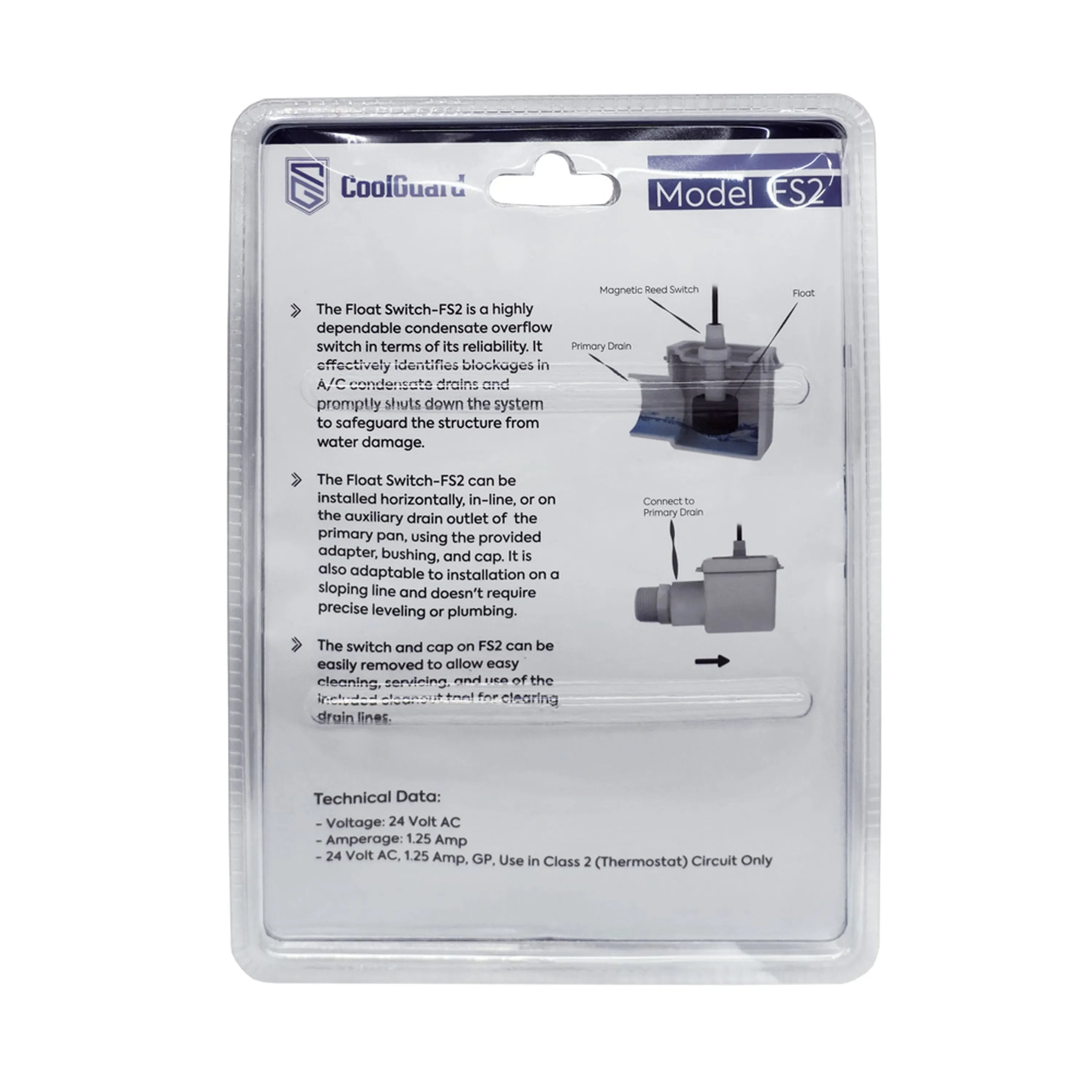 CoolGuard FS2 float switch packaging back with technical data and notes