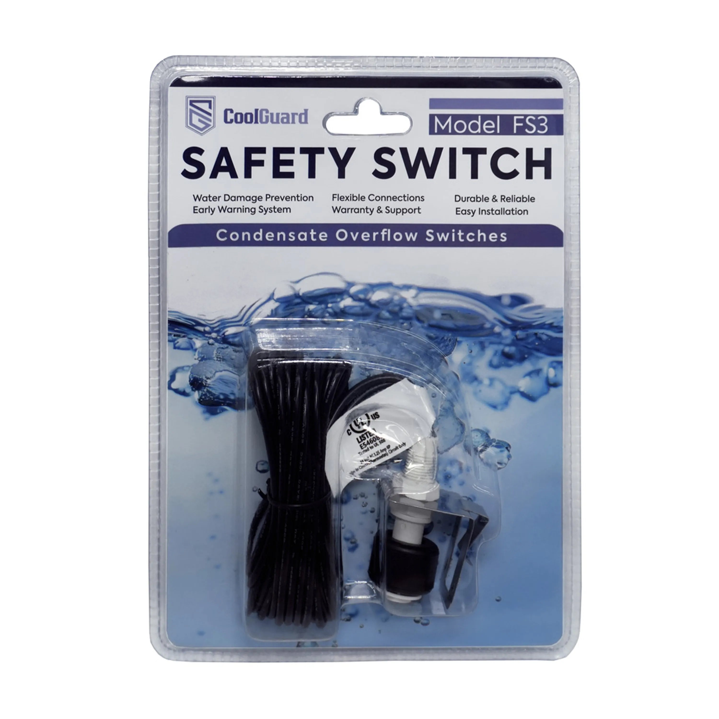 Condensate overflow float switch kit in blister packaging, model FS3, with black leads