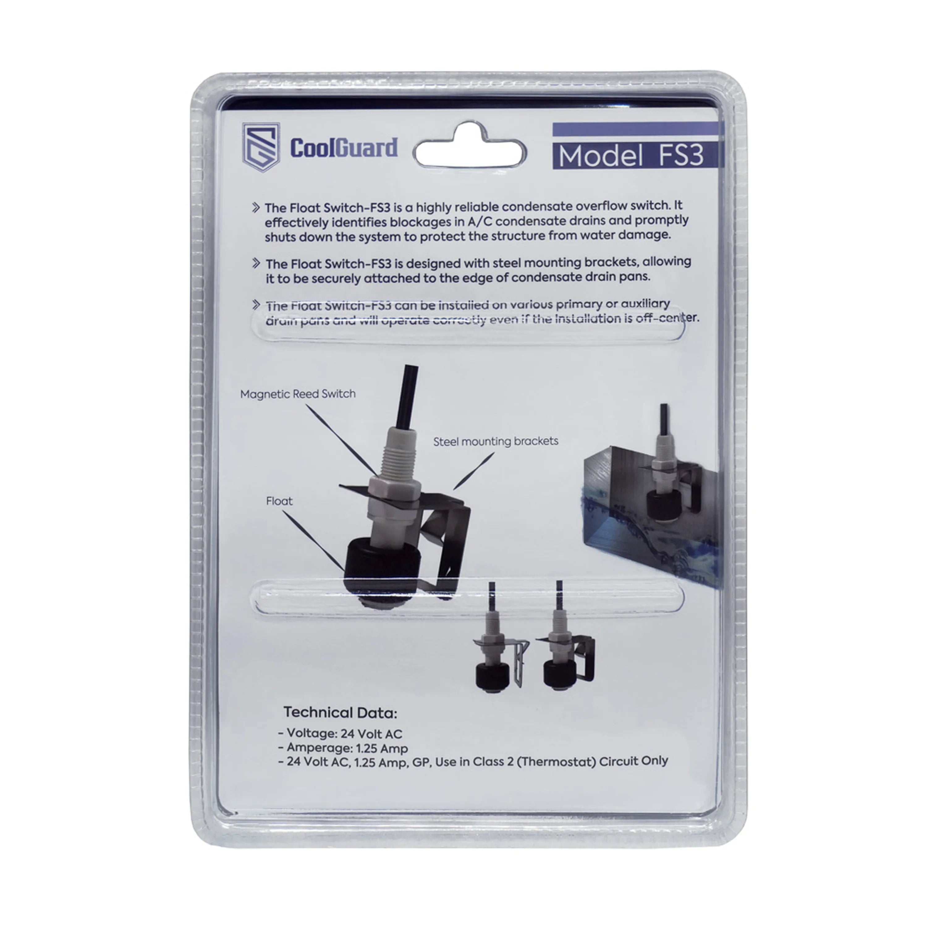 Condensate overflow safety switch kit, model FS3, showing diagram and mounting parts