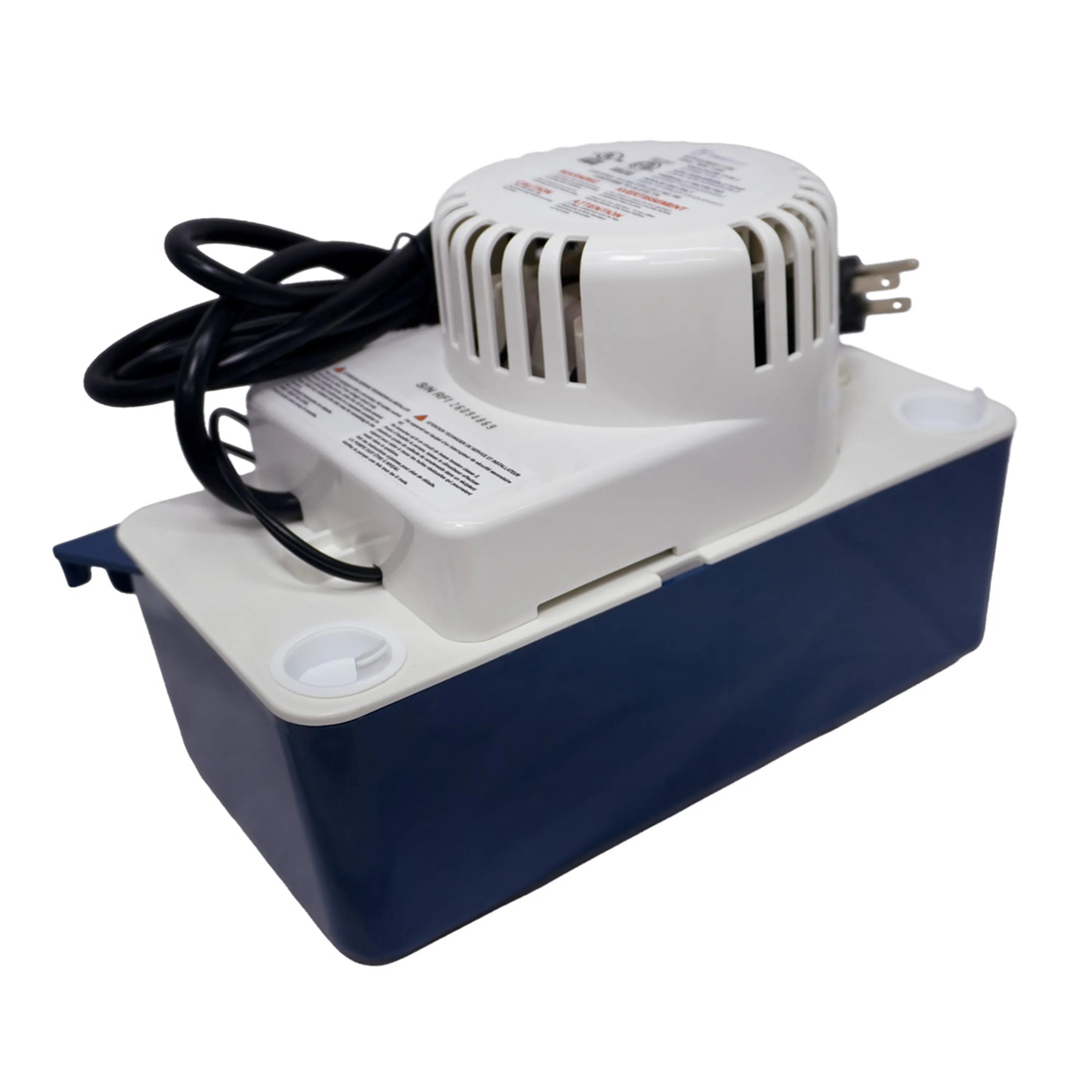 Condensate pump with vented white unit on blue base; black cable and mounting tabs