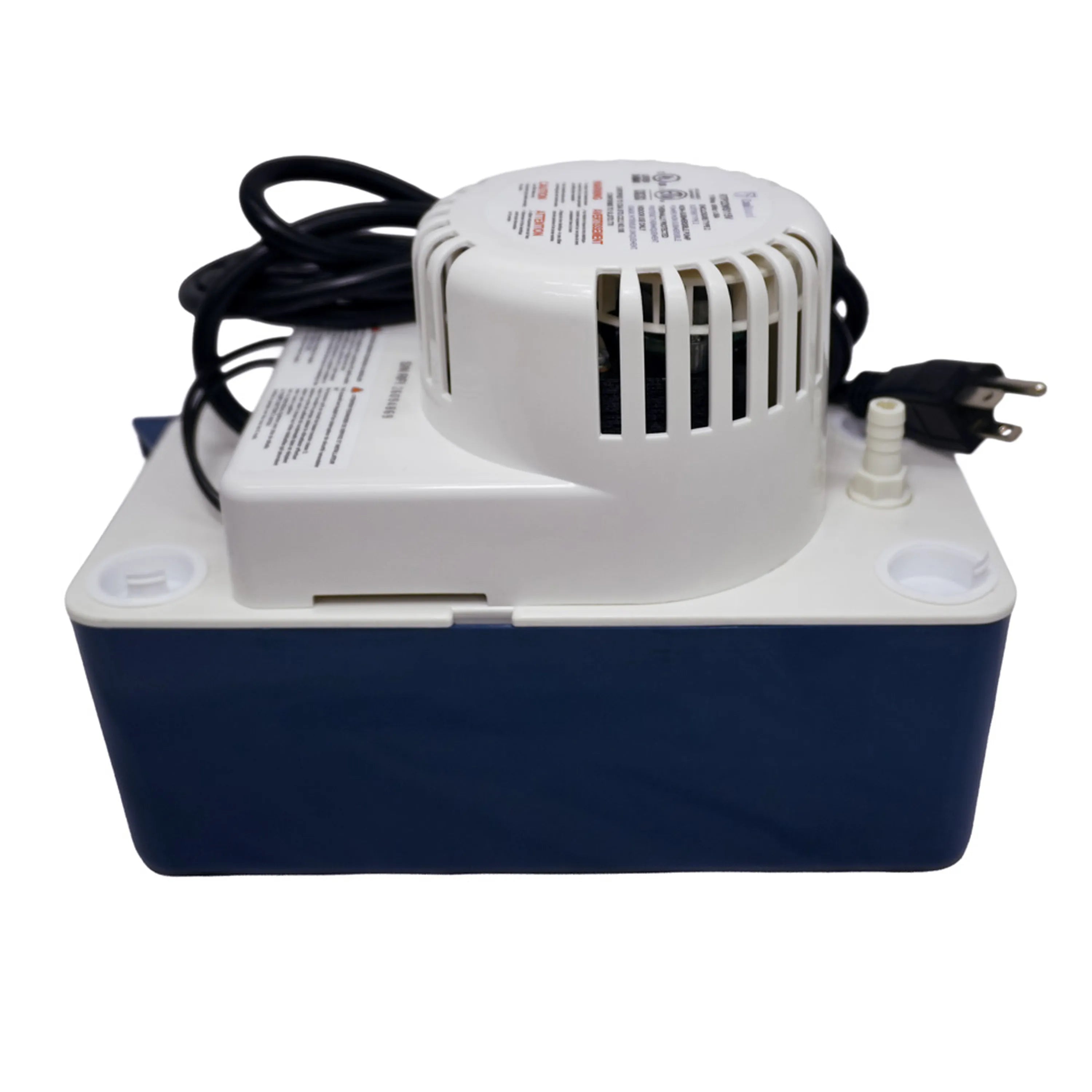 Condensate pump with white vent housing, black cord, and two circular base mounts