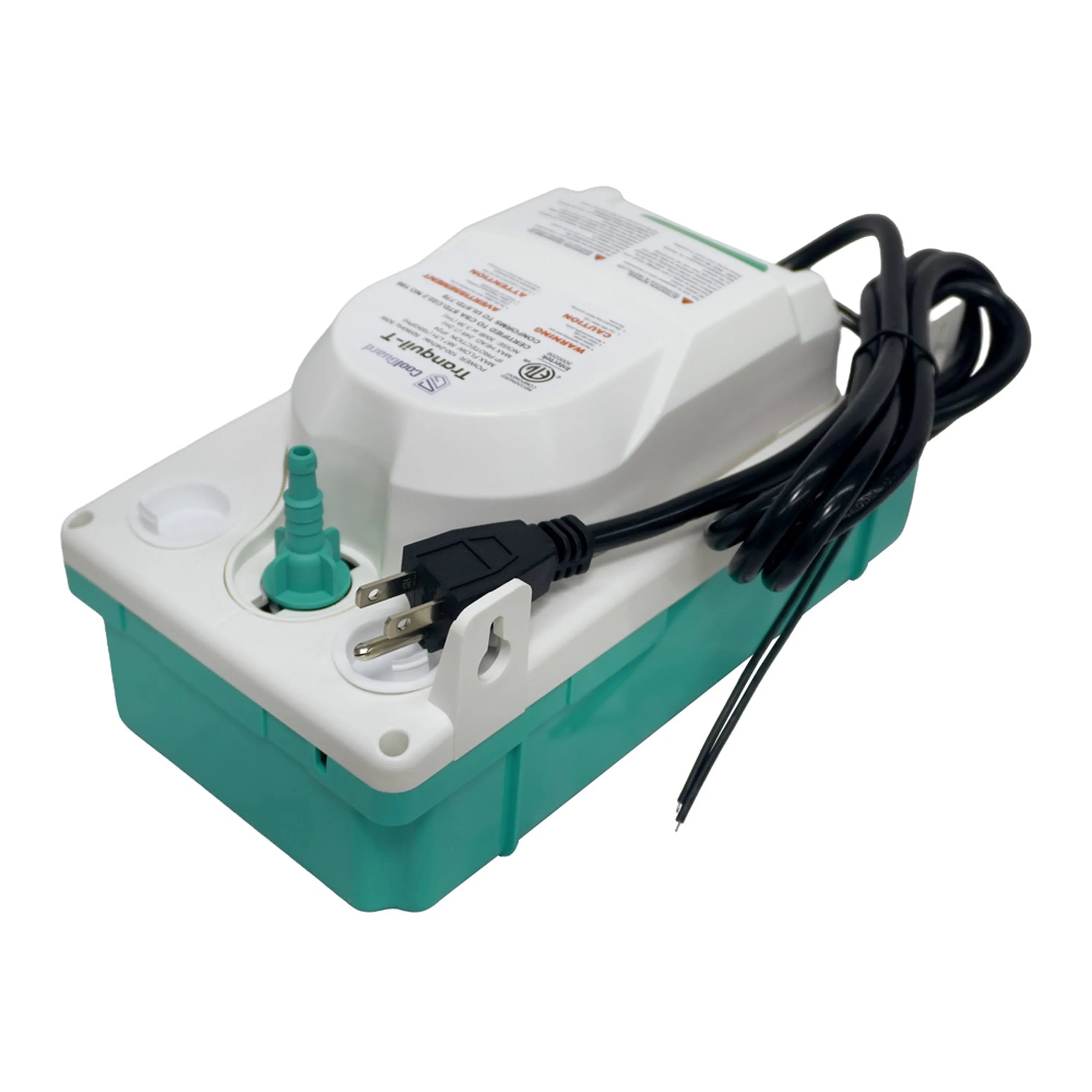 Condensate pump in teal housing with plug power cable and green connector fitting