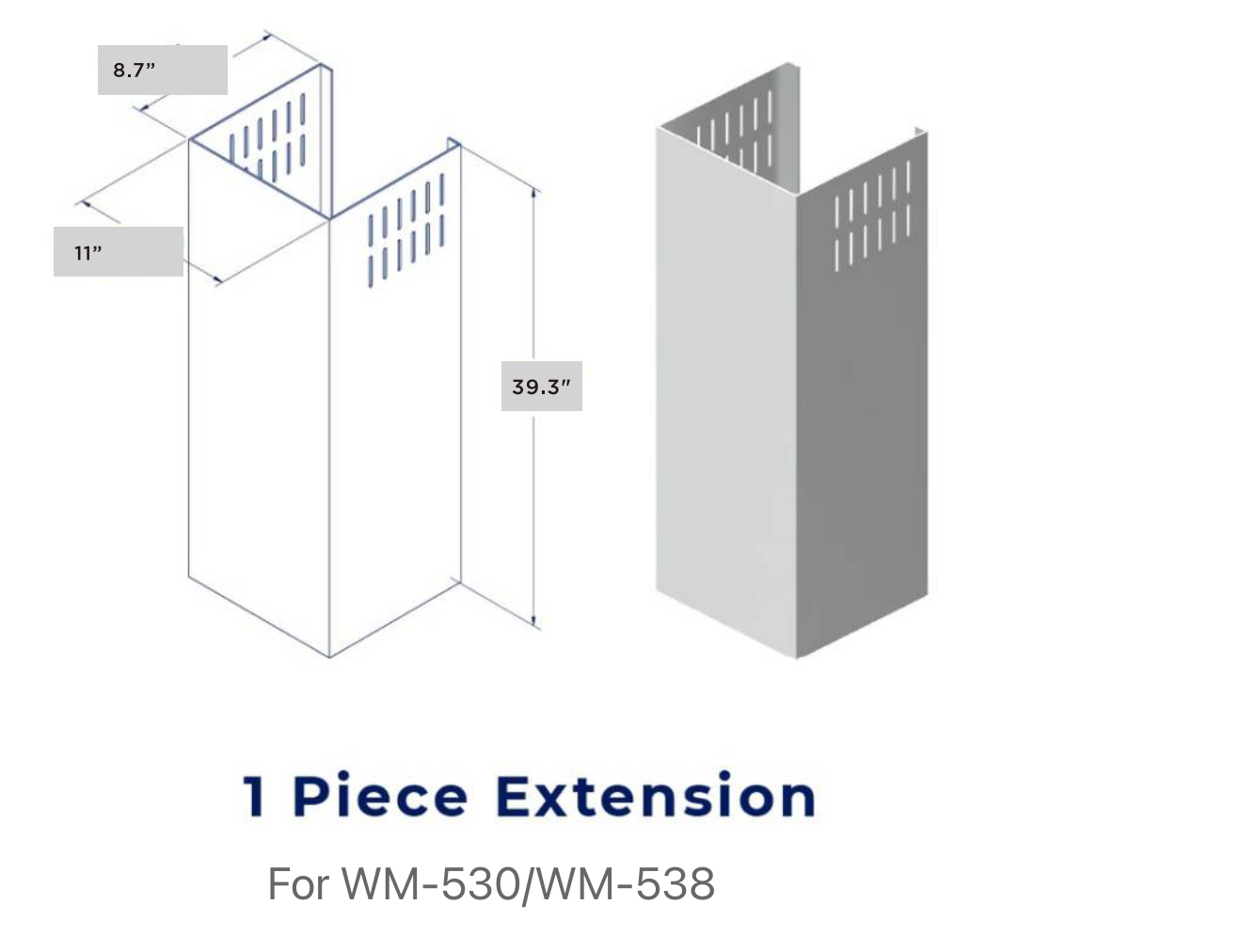 Stainless steel chimney extension duct with vent slots, 1-piece vertical cover