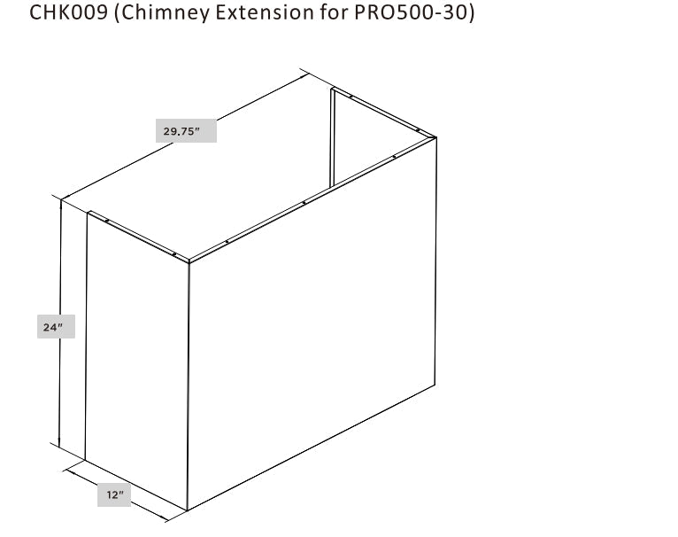 Metal chimney extension cover, 29.75 in long, 24 in tall, 12 in depth