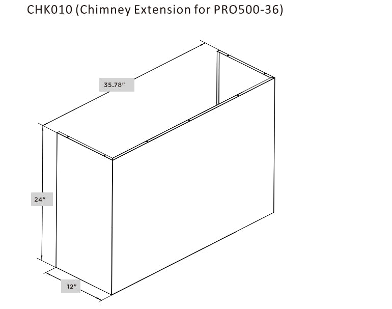 Metal chimney extension cover, 35.78 in long, 24 in tall, 12 in depth