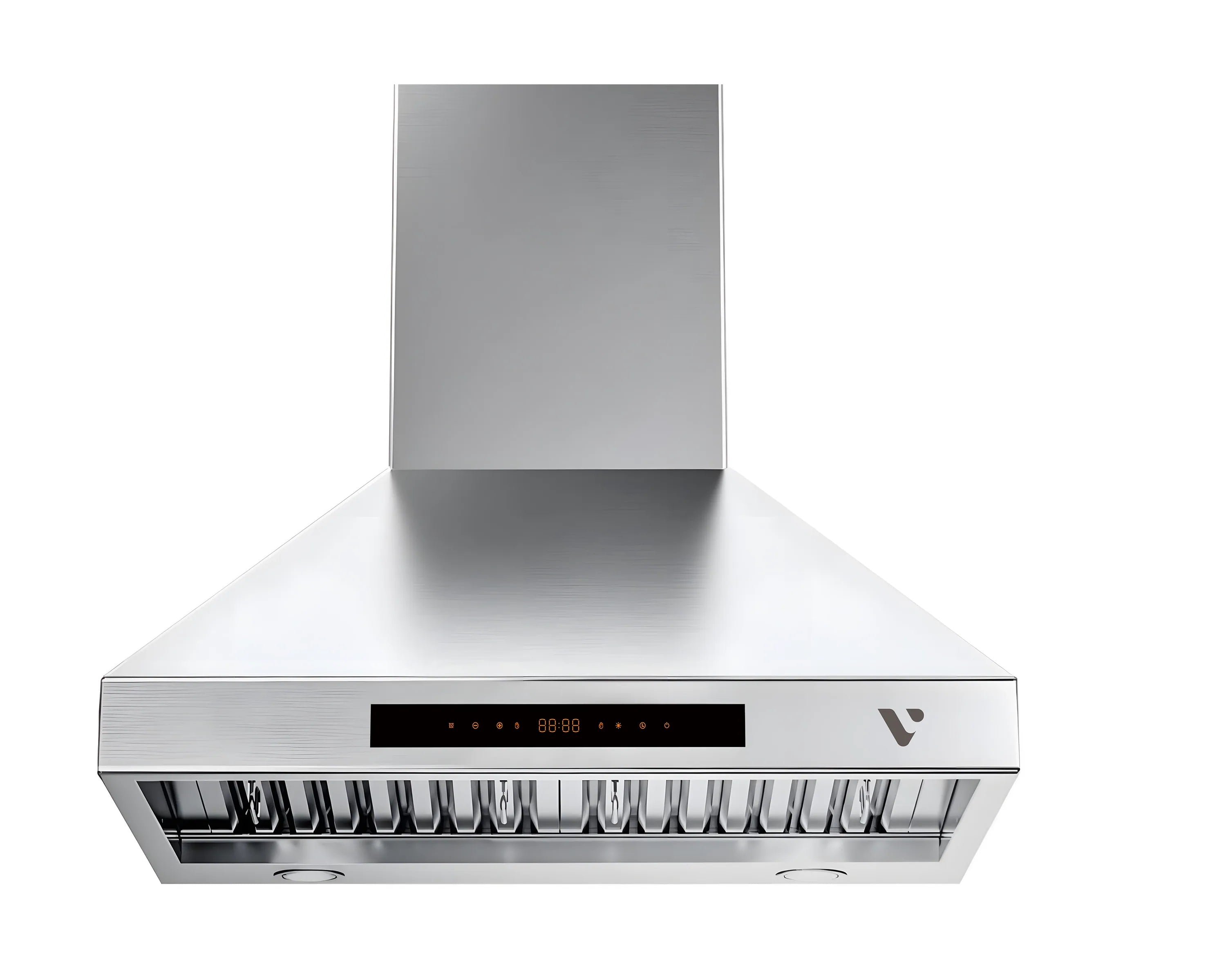 Stainless steel range hood with control display and wide chimney canopy, front view.
