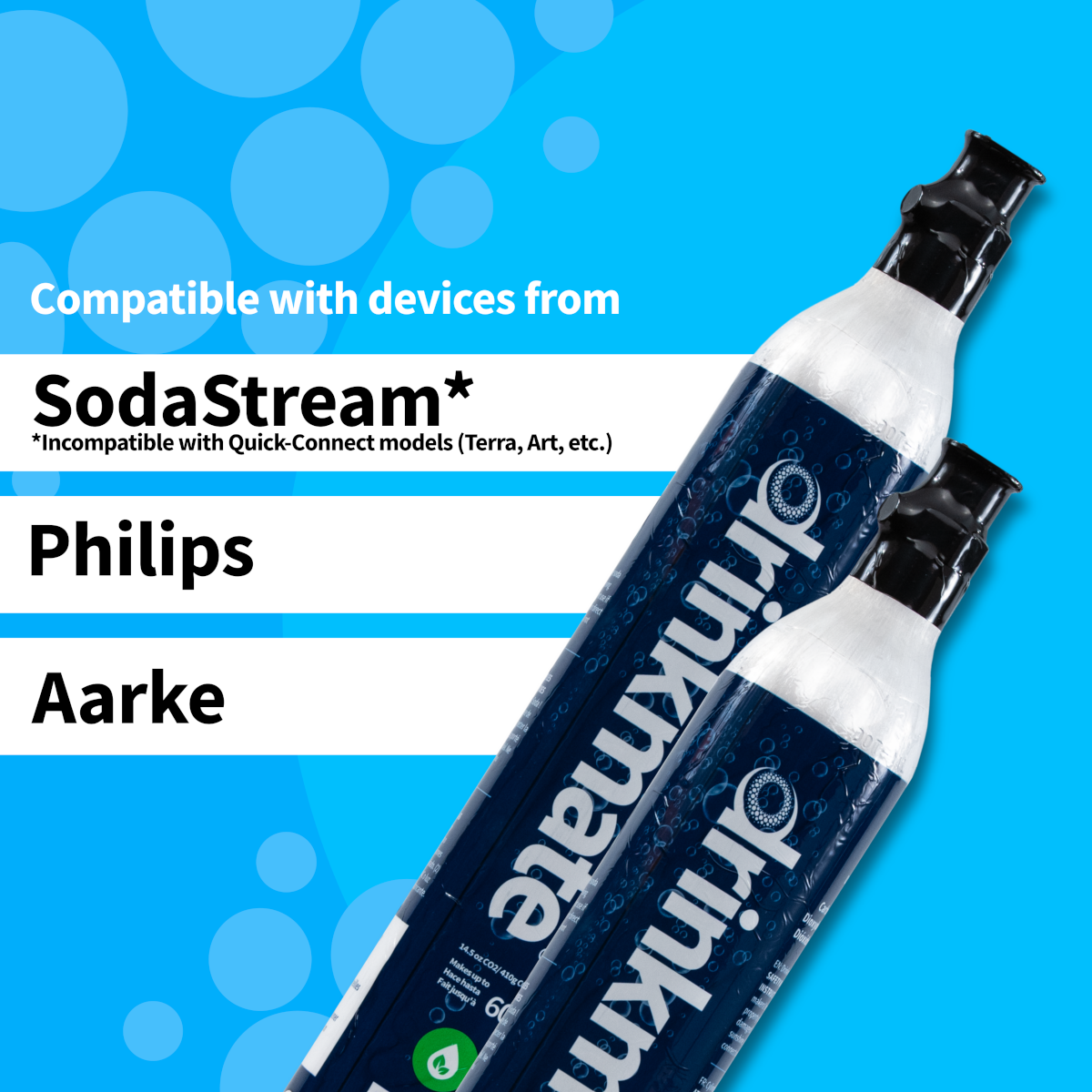 Two Drinkmate CO2 refill cylinders, dark blue labels, silver bodies, black valve caps