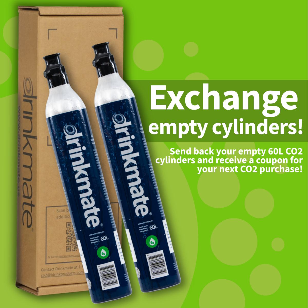 Two Drinkmate CO2 refill cylinders beside a cardboard shipping box, blue labels