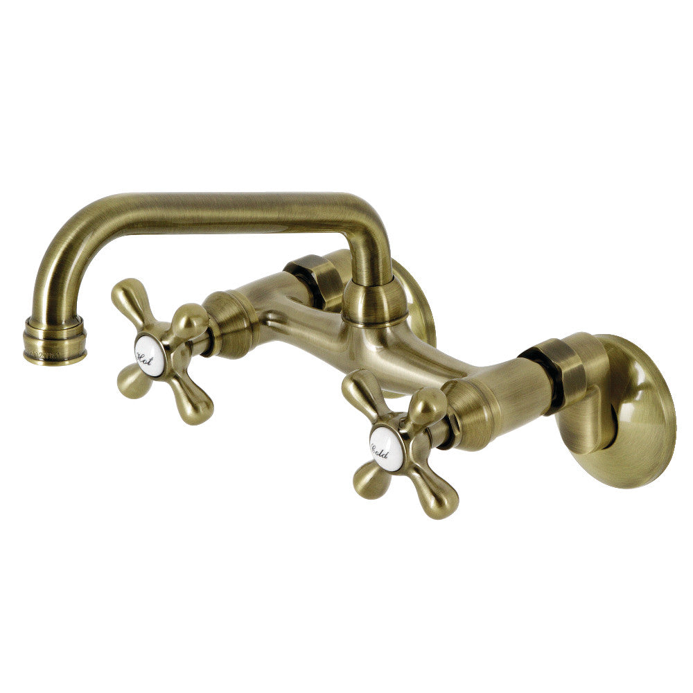 Antique brass double-handle wall-mount bridge kitchen faucet with cross handles