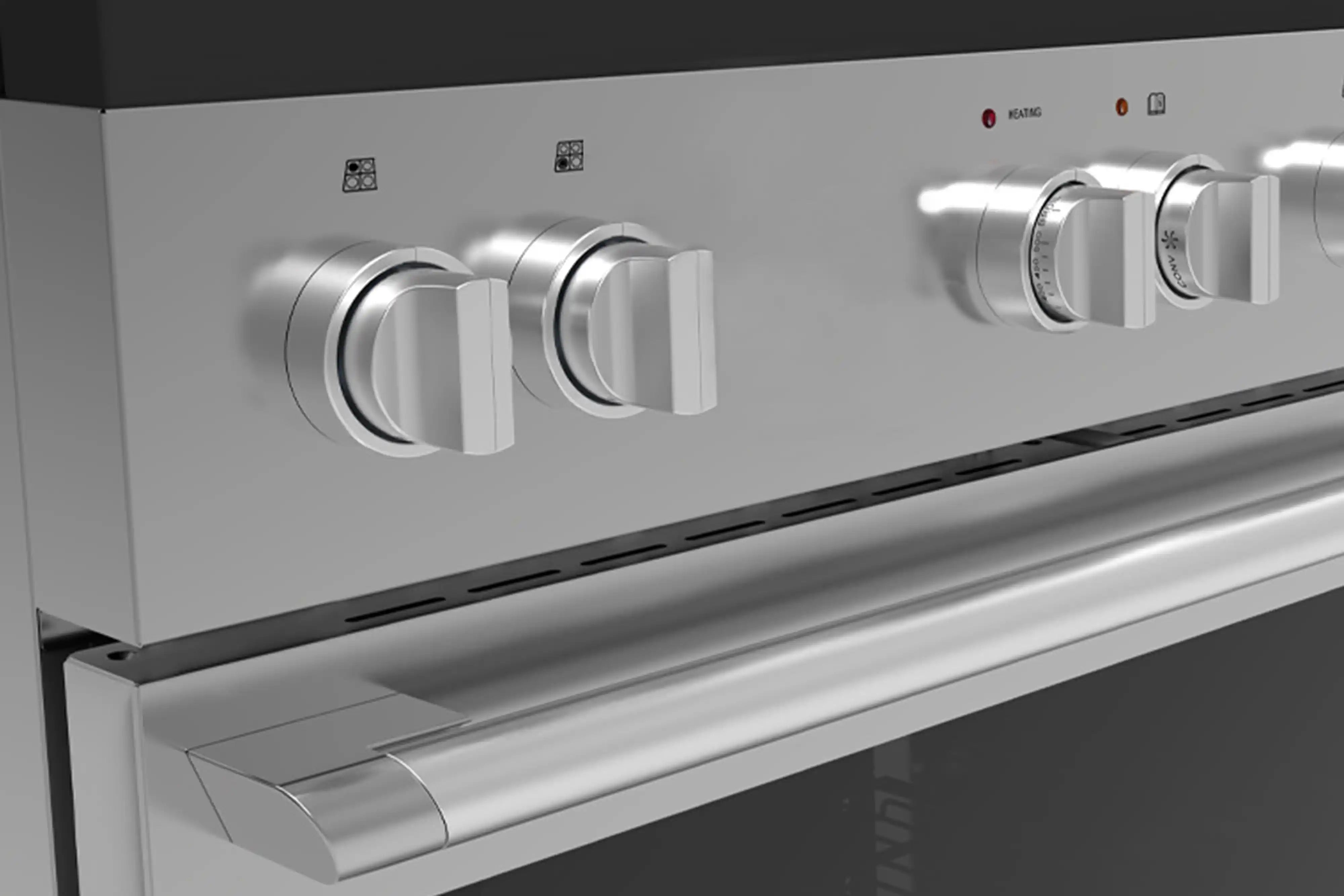 Stainless steel gas range with silver control knobs and front vent panel