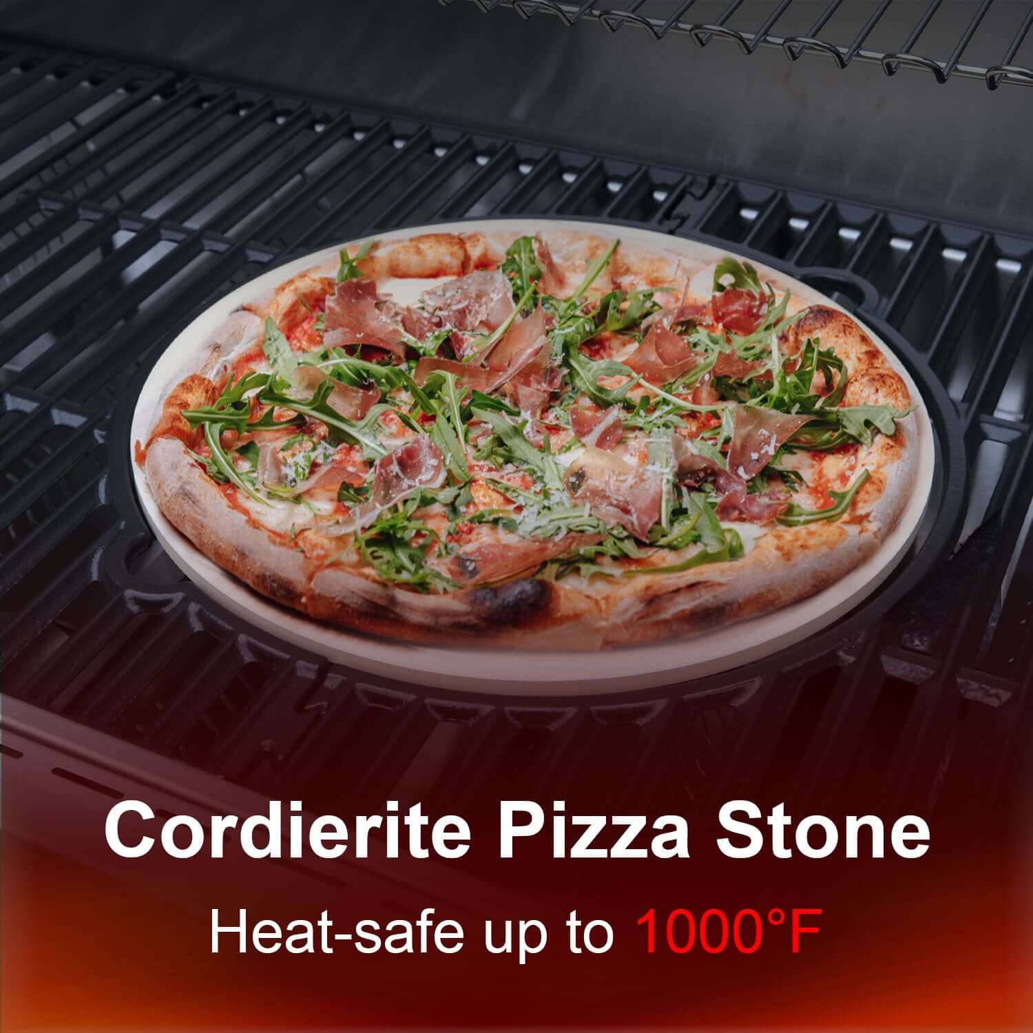 Cordierite pizza stone with cooked pizza, pale tan round base