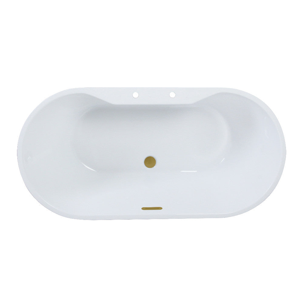Glossy white oval acrylic freestanding tub with brushed brass drain and overflow